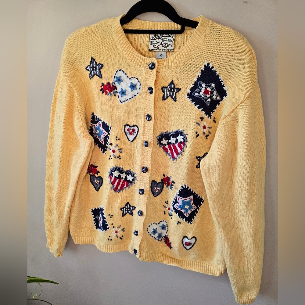 VTG Heirloom Collectibles Patriotic Americana Cardigan XL Yellow Embroidered